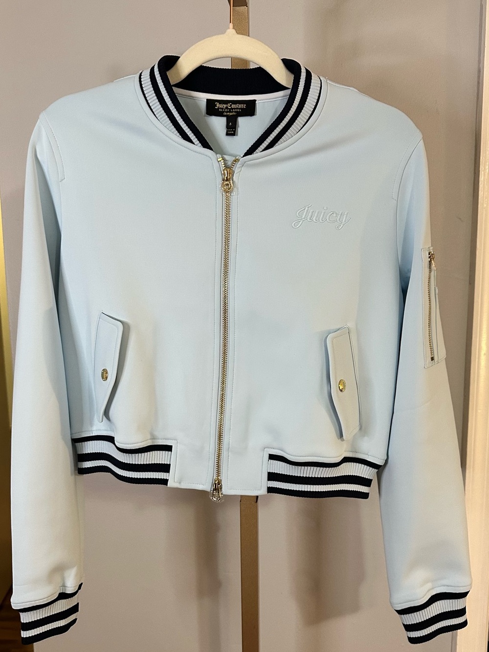 NWOT SZ SMALL Juicy Couture Black Label Pastel Blue Bomber Jacket